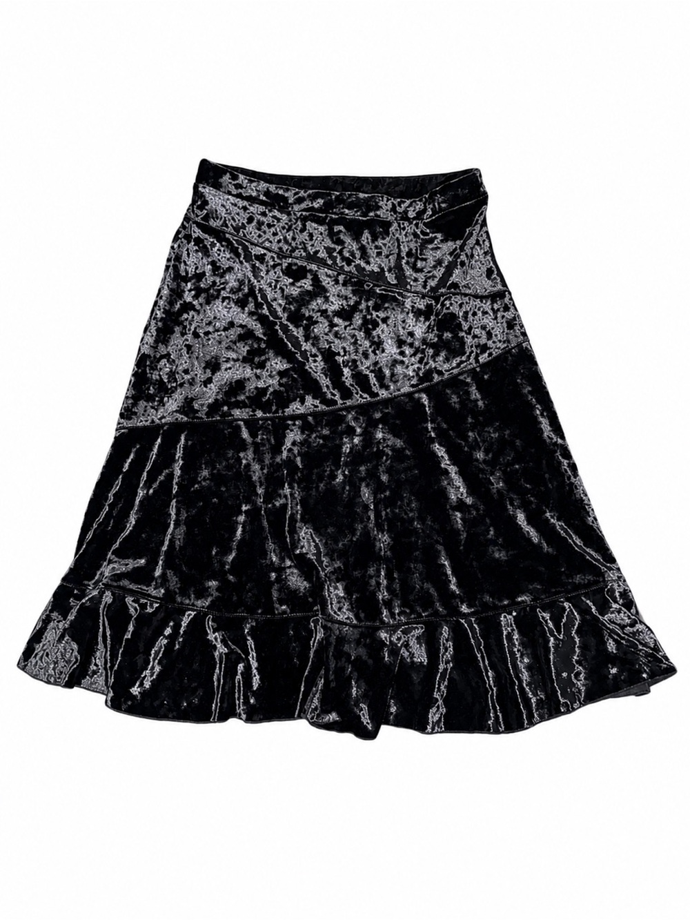 DKNY Jeans Black Crushed Velvet Ruffle Hem Midi Skirt Women’s XS